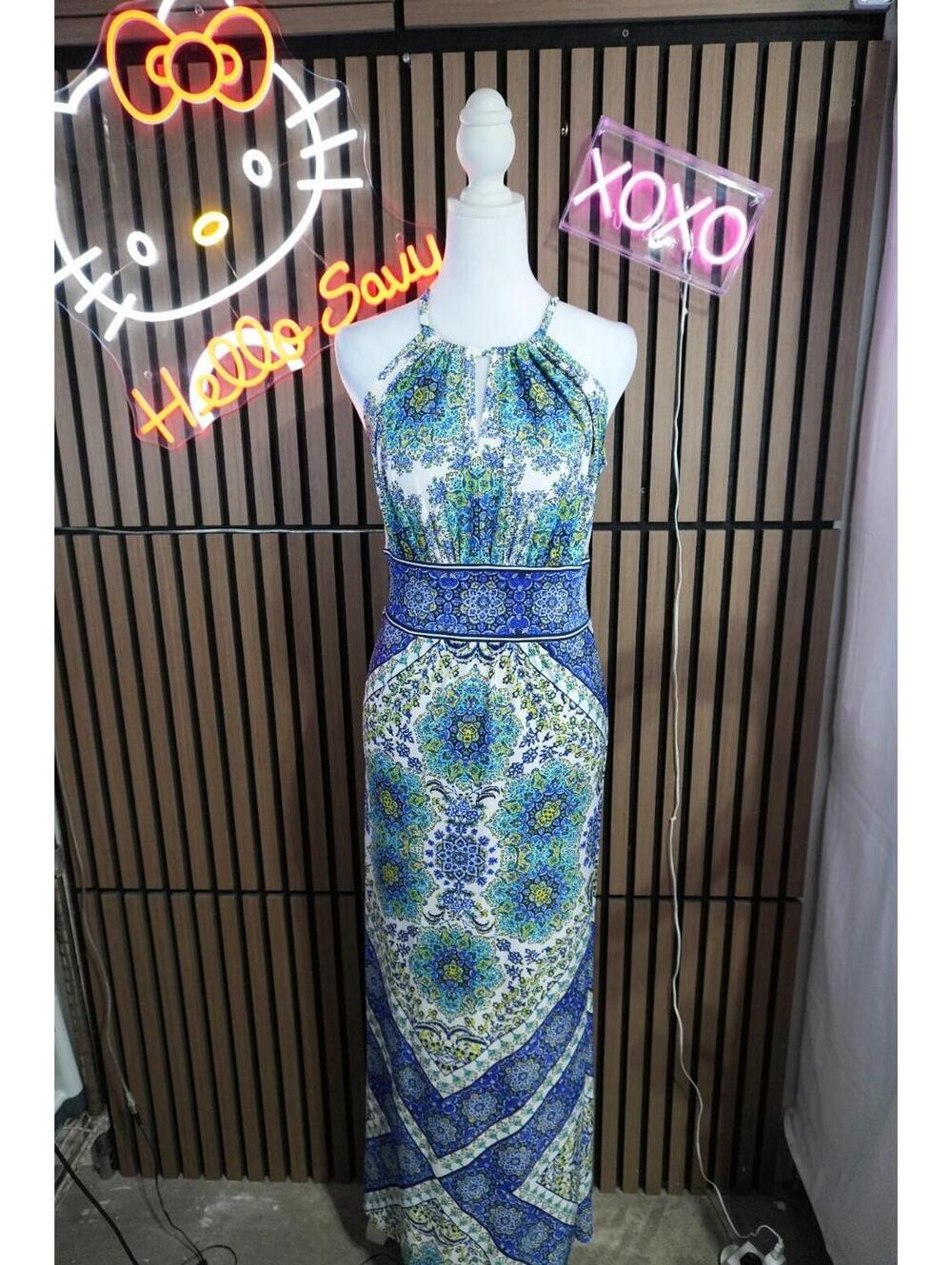 b. calm Blue Green White Paisley Halter Maxi Dress S Sleeveless Stretch Keyhole